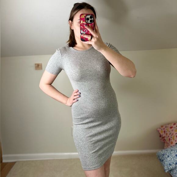 Everlane Gray Bodycon Midi Dress Crew Neck Short Sleeve - Picture 1 of 6